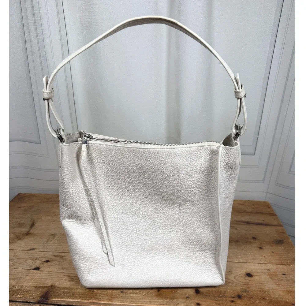 All Saints Chalk White Kita Pebbled Leather Hobo Shoulder Bag W/Pouch Minimalist